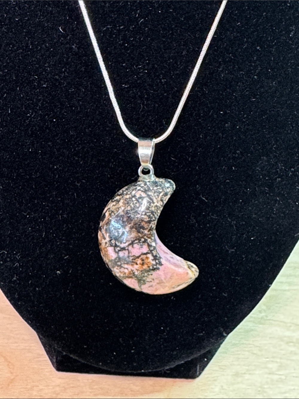 Chunky rhodonite crescent moon pedant necklace